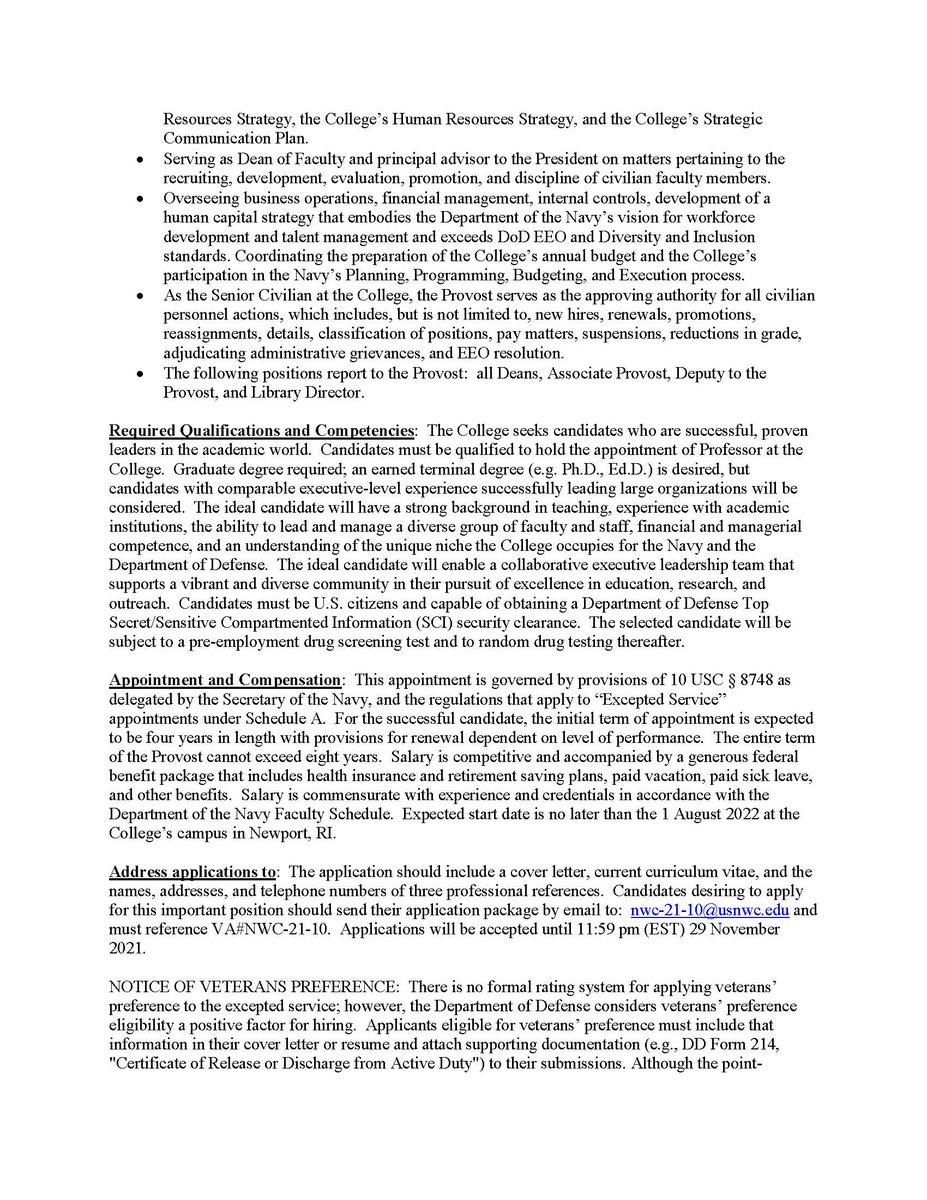 NavalWarCollege's tweet photo. JOB OPENING: 
The U.S. Naval War College invites applications and nominations of qualified candidates for the position of PROVOST to commence the appointment no later than August 1, 2022.

The Provost serves as the Chief Operating Officer of the College.

More information below: https://t.co/yO9jTuTfVS