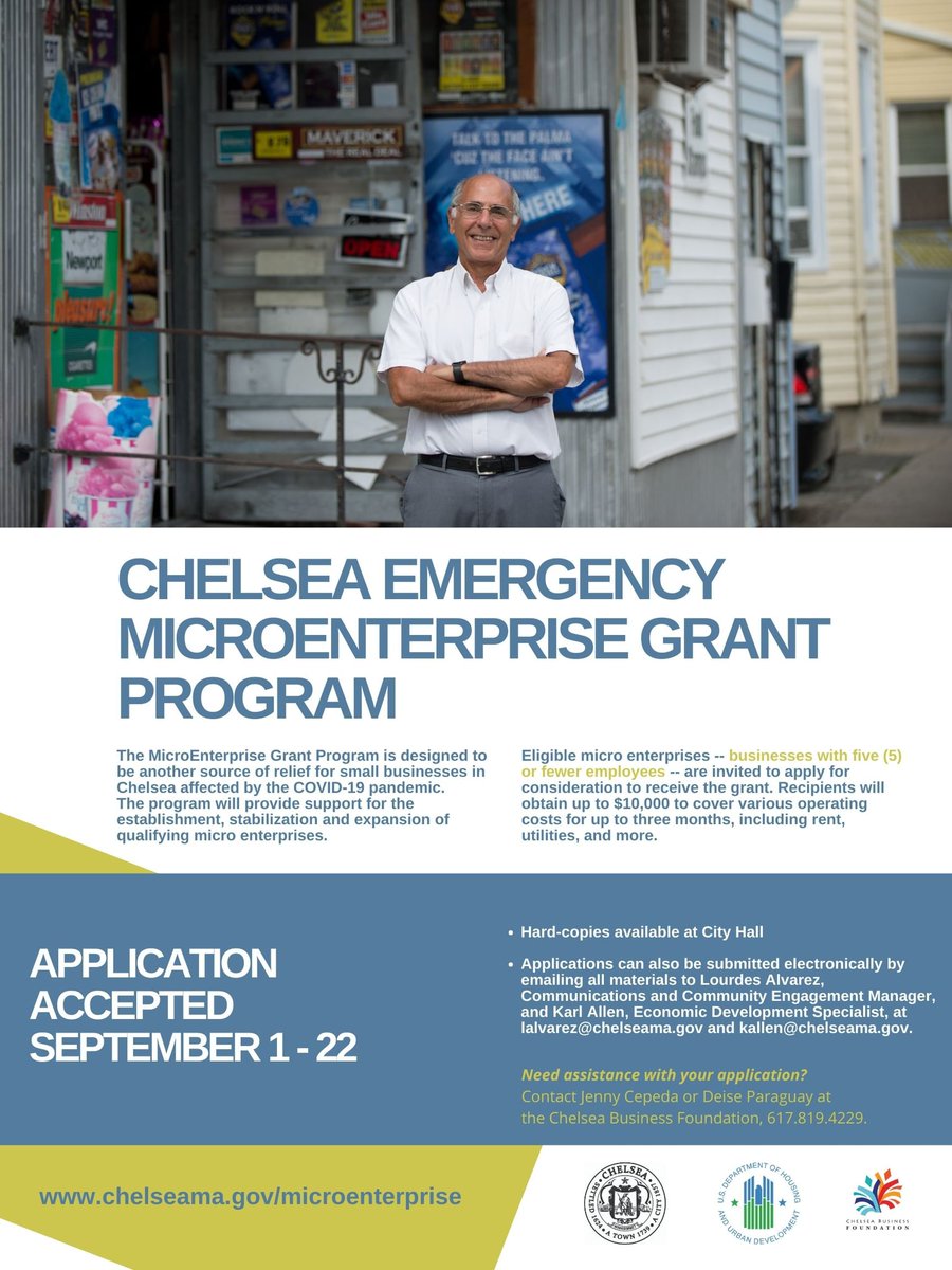 ChelseaGov_MA's tweet photo. Need help to keep your Small businesses Afloat During COVID-19? Want to start your start-up in Chelsea? Eligible micro enterprises - businesses with five or fewer employees - are invited to apply for consideration to receive the grant award. https://t.co/nGiY6Z3Pep