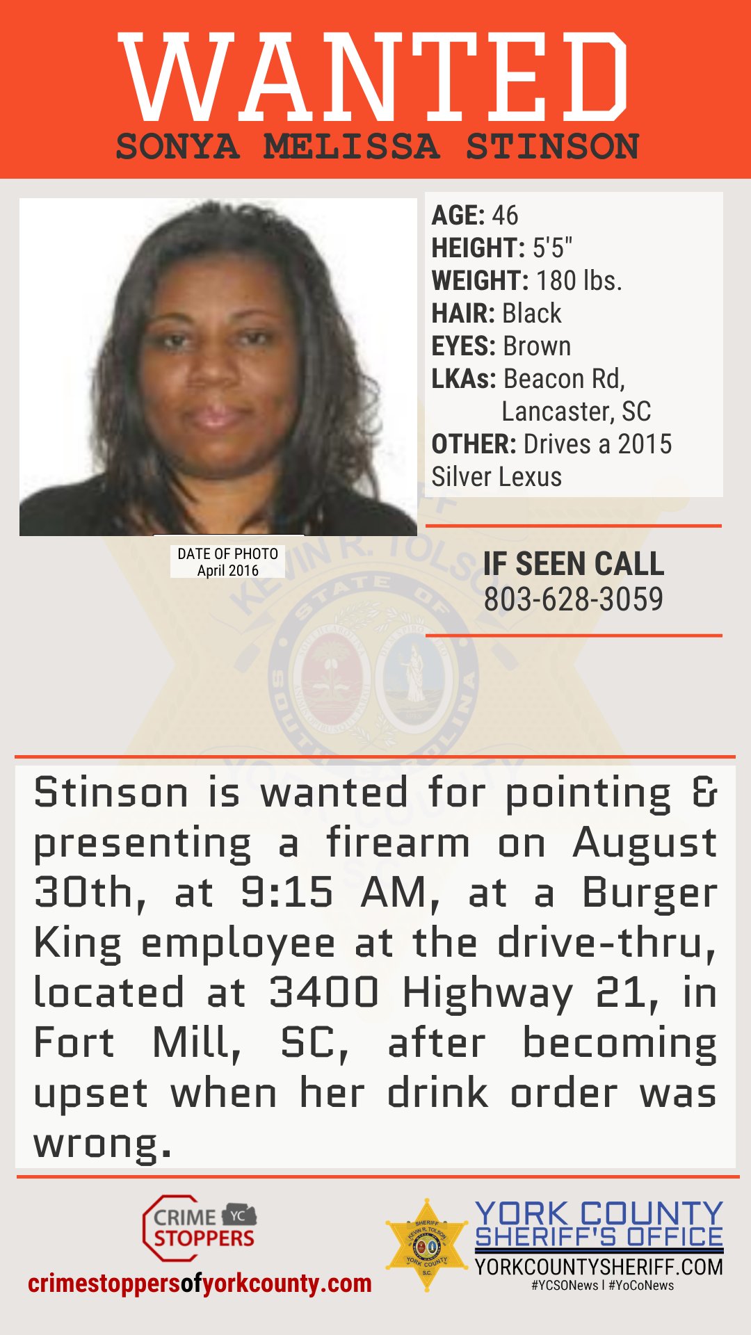 York County Sheriff on Twitter "WANTED Sonya Melissa Stinson is 