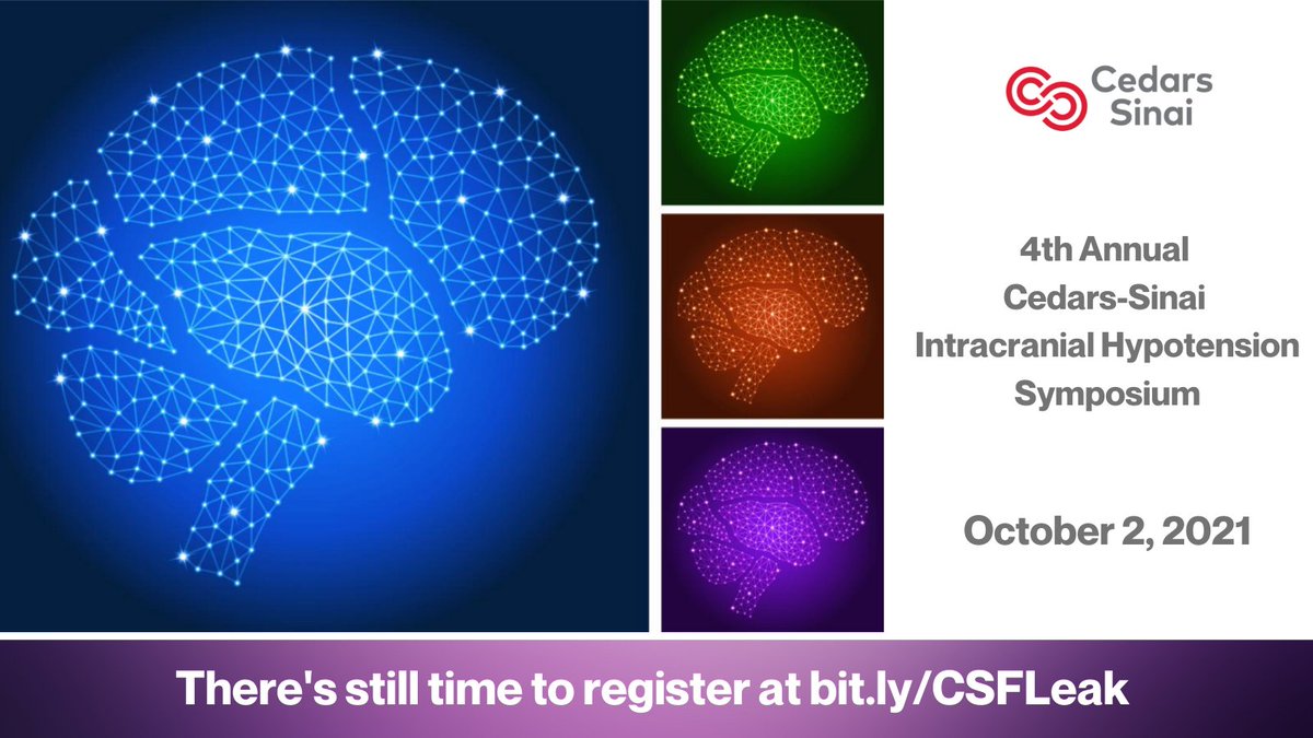 Today is ONE MONTH til the Fourth Annual Cedars-Sinai Intracranial Hypotension Symposium—and this year's symposium is ALL VIRTUAL! Register now: cedars.cloud-cme.com/course/courseo…
#SIH #intracranialhypotension #symposium2021 #spinalcsfleak #becauseyourduramaters