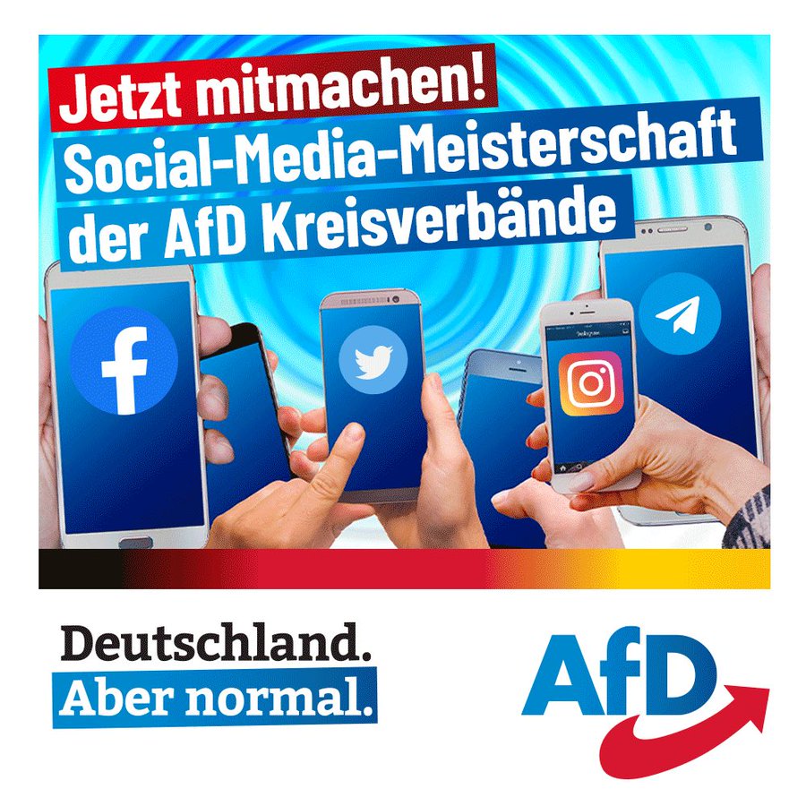 Wir sind Ehrenamtliche, kein offizieller Acc.! #AfD-KV-SocialMedia-Meisterschaft-Supporter für alle KVs!💙 Hashtag: #meisterwerden | Bald auch mehr zur #AfDTwitterBasis-Idee, einen virtuellen <a href="/AfD/">AfD</a>-KV (Kreisverband) zu gründen!😘 #TeamDeutschland #Deutschlandabernormal <a href="/JoanaCotar/">Joana Cotar</a>
