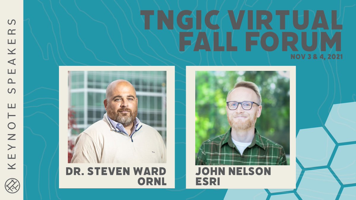 Update for the @tngic fall forum. We have our keynote speakers lined up! Join us to hear from Dr. Steven Ward, the Section Head with <a href="/GSHS_ORNL/">Geospatial Science and Human Security at ORNL</a>, and John Nelson with <a href="/Esri/">Esri</a>.