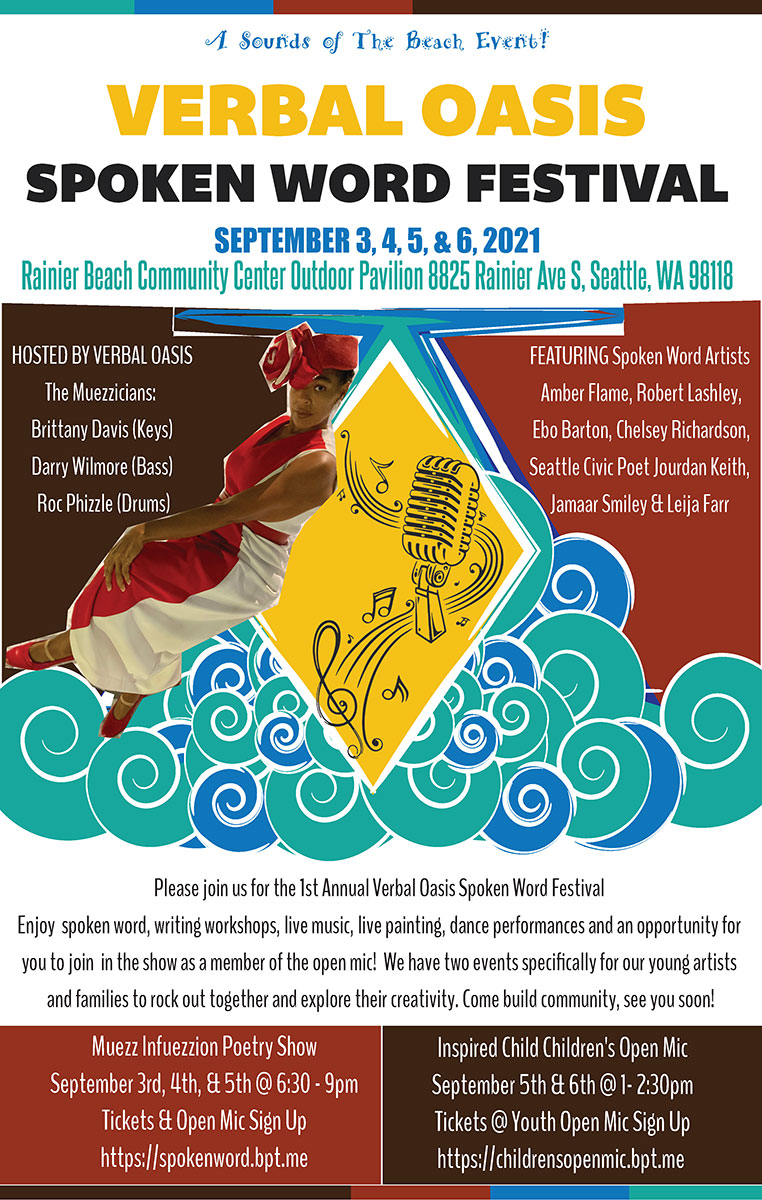 SeattleArts's tweet photo. 1/
All Labor Day Weekend, #CreatedCommons, Neighborhood Edition is in Rainier Beach for the very 1st Verbal Oasis Spoken Word Festival.
Curated by Inspired Child Studios and Northwest Tap Connection, enjoy live music, live painting, dance performances and open mics. https://t.co/CNGKubtD4s