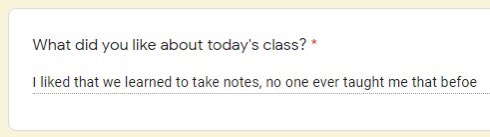 ProfeGoodwin's tweet image. Used #AVID strategies to teach note-taking skills to my Spanish classes this week. So often we wrongly assume that high-school students come to us with these skills. This is only one of many such responses from the exit ticket.