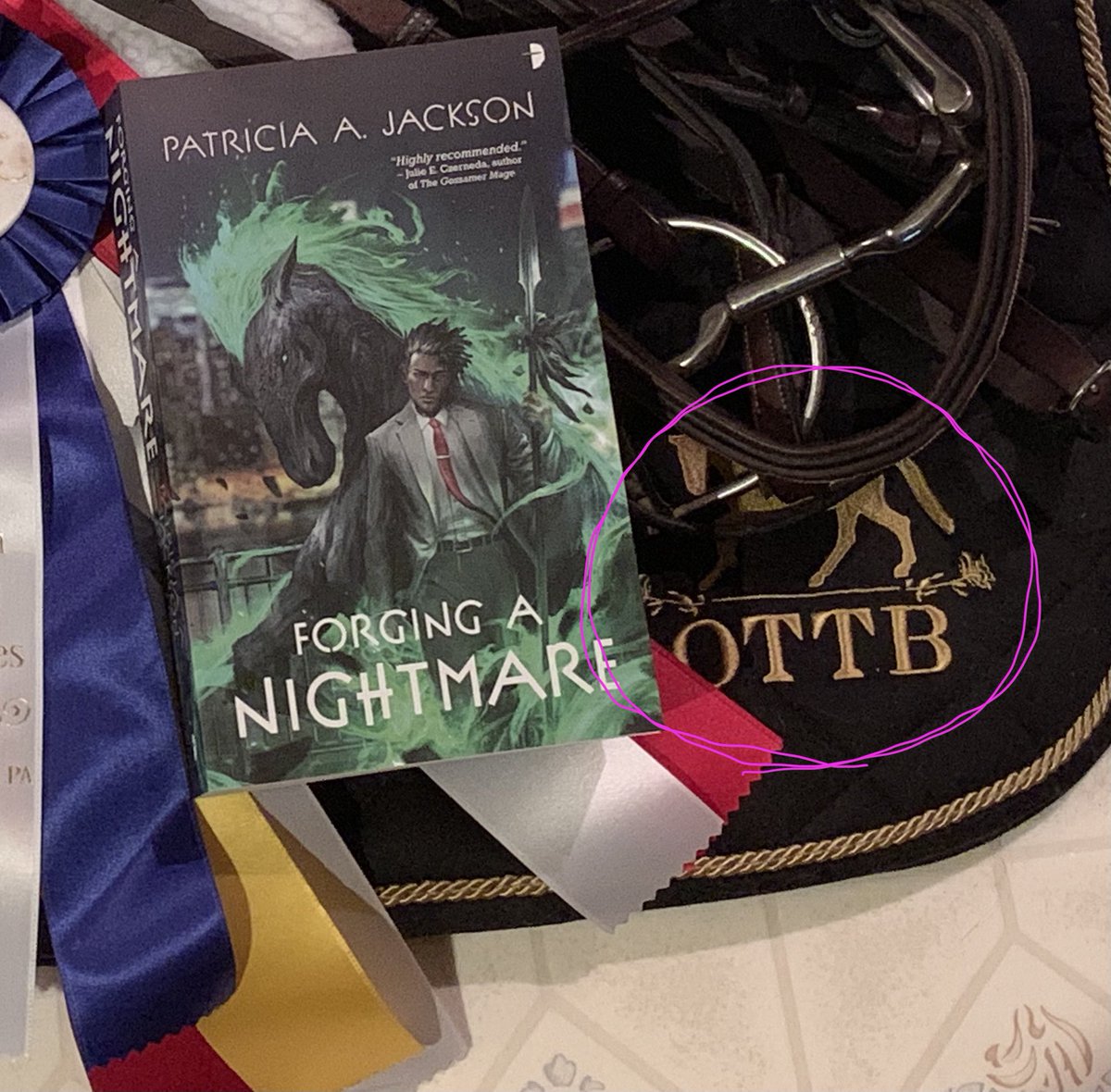 Treistan's tweet image. Dear @angryrobotbooks, please note the OTTB logo circled in pink on this saddle pad. I would very much like to replace it with the Angry Robot logo for ultimate coolness! Please and thank you kindly. #coolfactor
