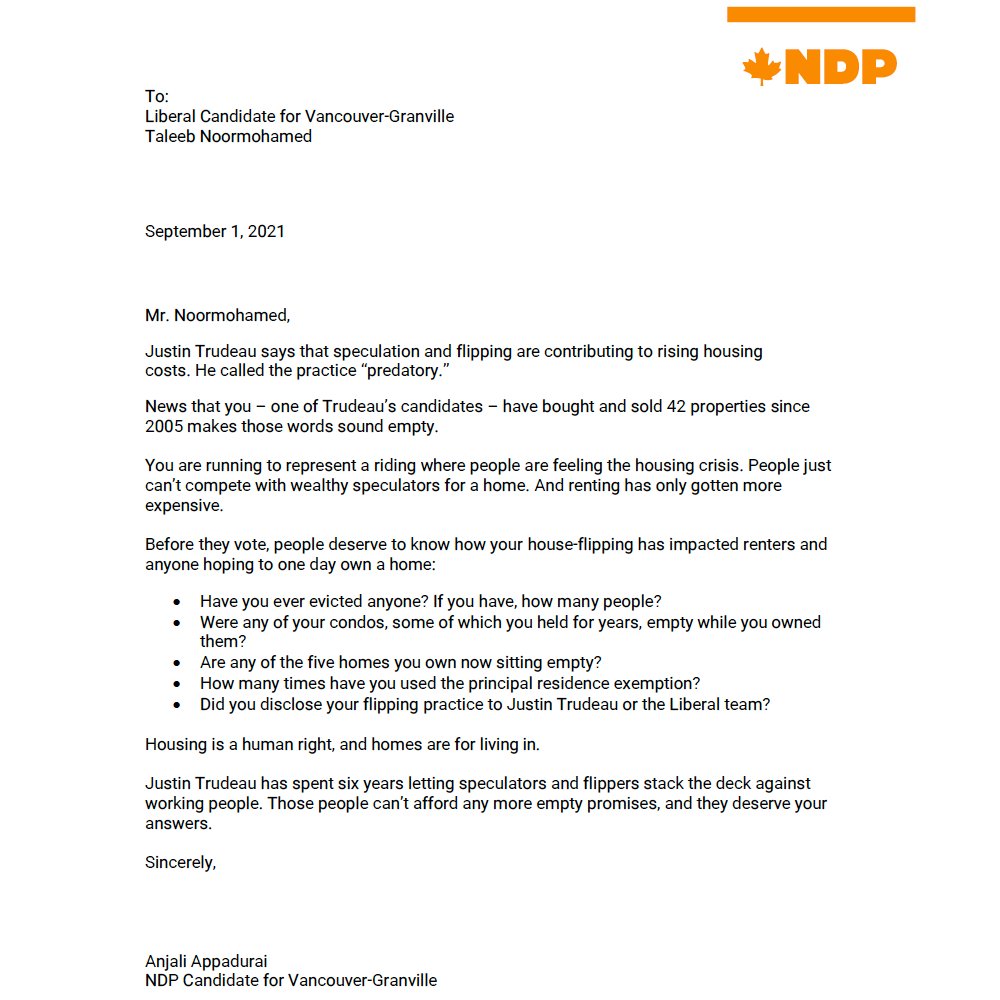 Since Justin Trudeau says speculation and flipping are contributing to the housing crisis, I have sent these questions to <a href="/Taleeb/">Taleeb Noormohamed 🇨🇦</a>.

Voters in Van-Gran and across Canada deserve to know how these actions have impacted renters and people who want to buy a home. #homesareforliving