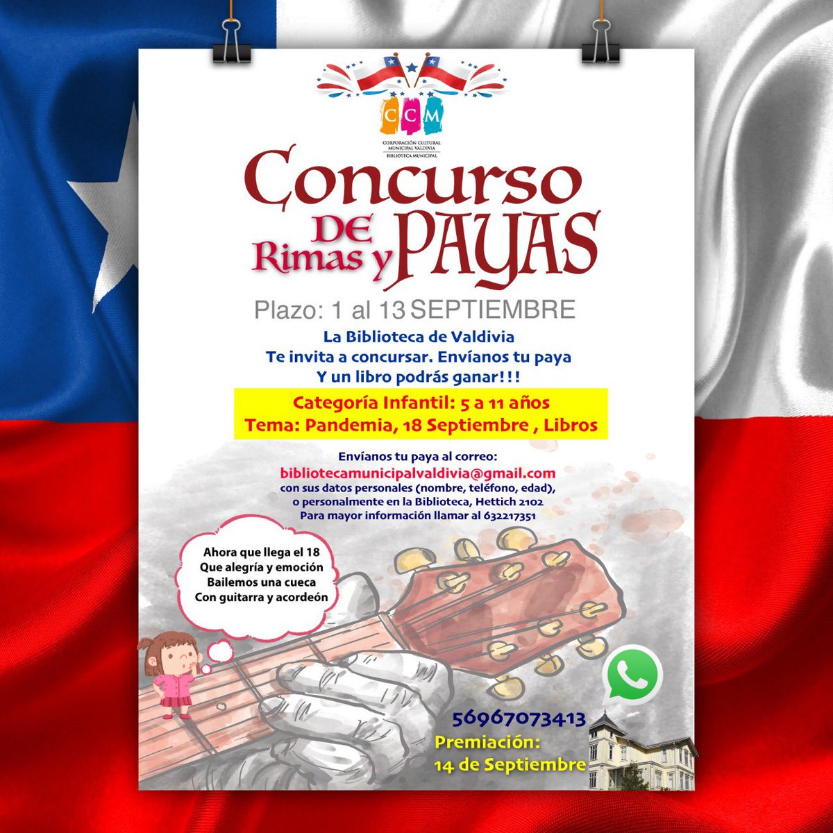 Concurso de rimas y payas para niños 
Organiza: <a href="/bibliotecavaldi/">Biblioteca valdivia</a> . ¡¡Envíanos tu paya!! <a href="/INJUVLosRios/">INJUV Los Ríos</a> <a href="/MunicipalVald/">Teatro Municipal Val</a> @eligecultura <a href="/culturaslosrios/">Culturas Los Ríos</a> <a href="/munivaldivia/">MuniValdivia</a> #ValdiviaCL