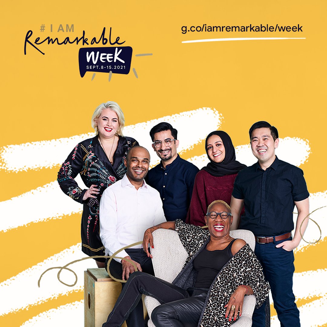 image with yellow background and six people in the foreground and an #IamRemarkable logo on the top left of the frame, with a website URL on the top right.
