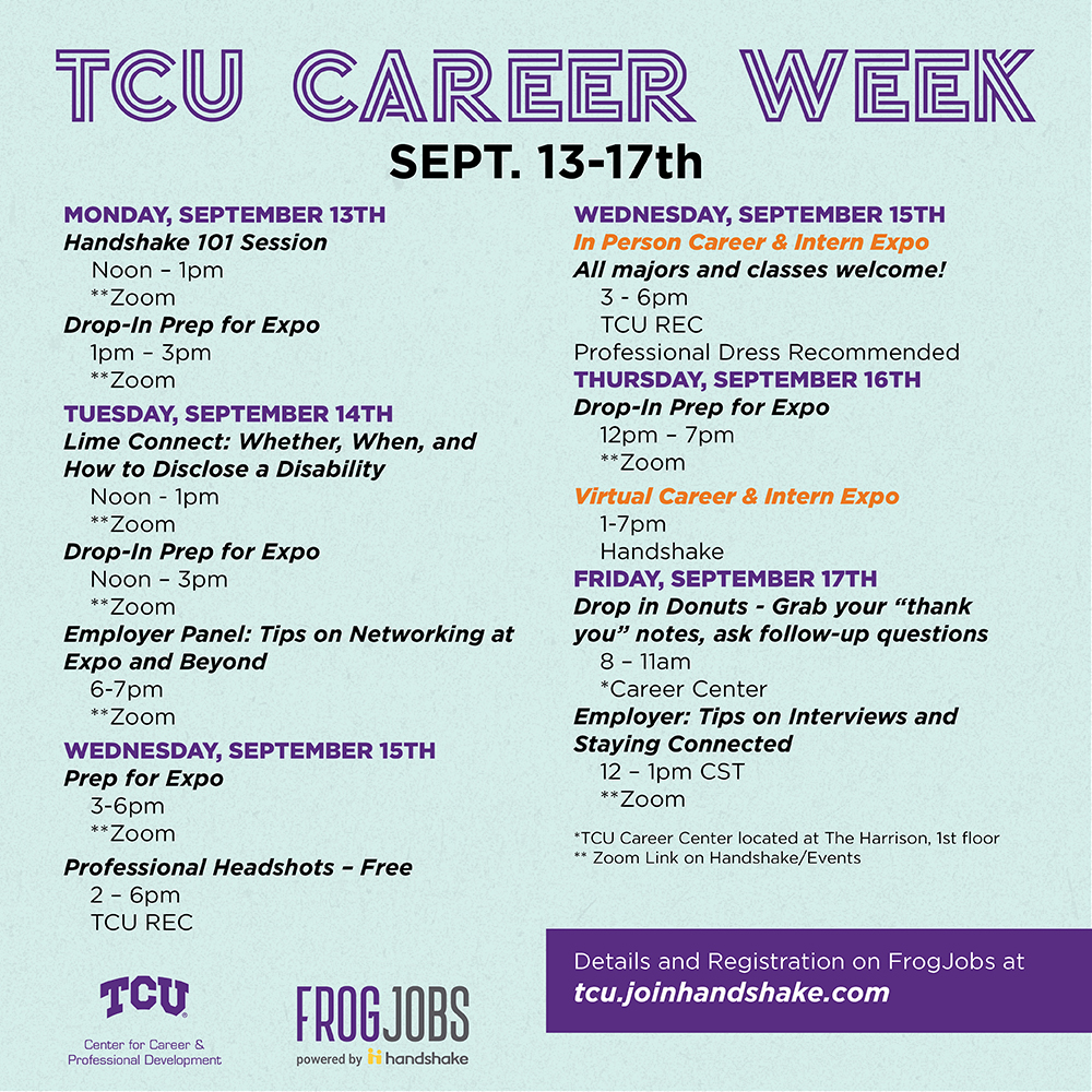 Career Week is right around the corner. Get signed up for the Career &amp; Intern Expo through FrogJobs and sign up for Prep Sessions. #tcucareerready #tcucareercenter Sign up at bit.ly/3ijPd0P