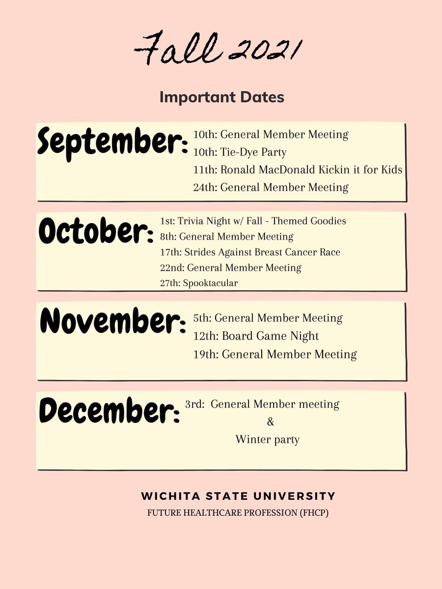 Hi everyone!                                                - This is an overview of how the Fall Semester Schedule is going to look like.                                                              - I will be posting the Dates and Times as we approach the Events/Meetings!
