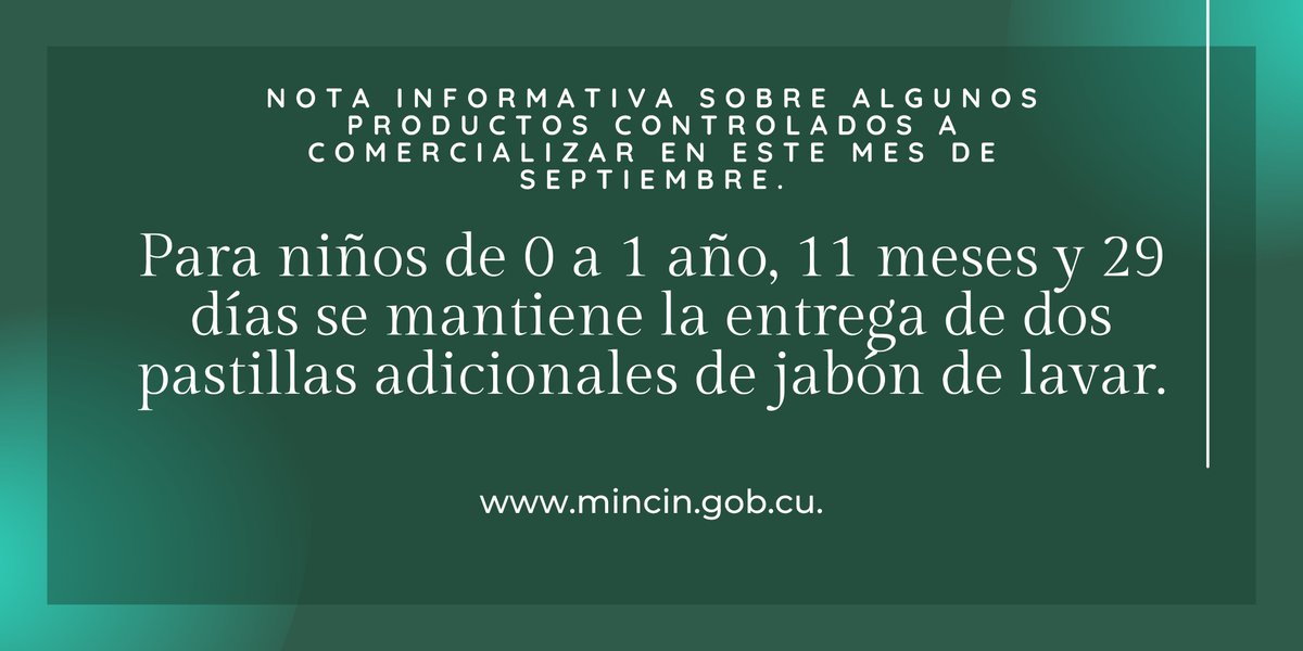 Nota informativa sobre algunos productos controlados a comercializar en este mes de septiembre.
#ComercioCuba <a href="/PresidenciaCuba/">Presidencia Cuba 🇨🇺</a> <a href="/MMarreroCruz/">Manuel Marrero Cruz</a> @LuisTFonseca <a href="/BetsyDazVelzqu2/">Betsy Díaz Velázquez</a> 
Detalles ampliados:
⬇️⬇️⬇️
mincin.gob.cu/content/nota-i…