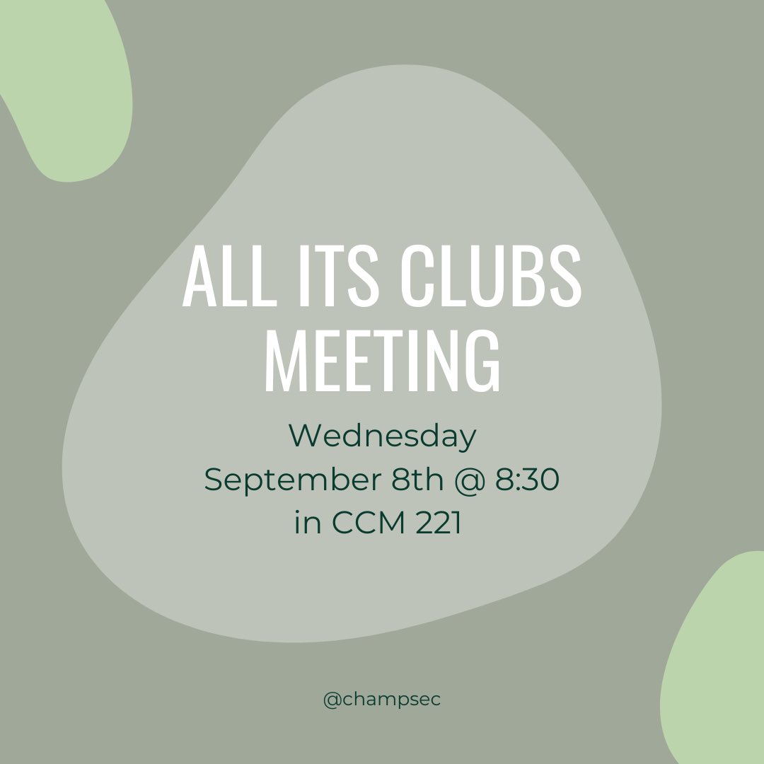 September 8th @ 8:30 - All ITS Club Meeting in CCM 221

Come join all our ITS clubs at our kickoff club night where you will hear from all the different clubs. There will be food, drinks, and tons of people to make connections with. Can’t wait to see everyone there!