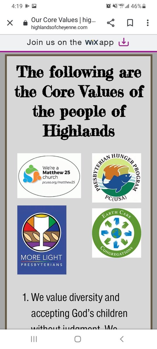 pcusabingewatch's tweet photo. #pcusabingewatch Highlands #Presbyterian #CheyenneWY Core Values #Matthew25 @presbyhunger #HungerActionCongregation #EarthCareCongregation @MoreLightPresby. @Presbyterian #pcusa #open #inclusive #affirming #reformed #progressive #presbyterianchurch  #WorldDayofPrayerforCreation https://t.co/bJrxDzhi25