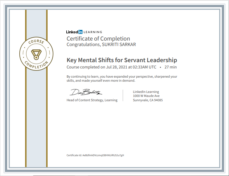 Certificate of Completion: Key Mental Shifts for Servant Leadership