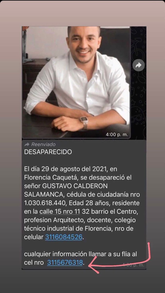 BioArquitecta's tweet photo. @PLineaJuridica Mi amigo y colega @gcalderonsa se encuentra desaparecido desde el pasado 29 de agosto de 2021. Aún no sabemos nada de su paradero. Es líder social en su ciudad, Florencia. ¿Nos ayudan por favor a difundir su caso? Toda la colaboración que podamos recibir es vital. https://t.co/BgA4IU1mrJ