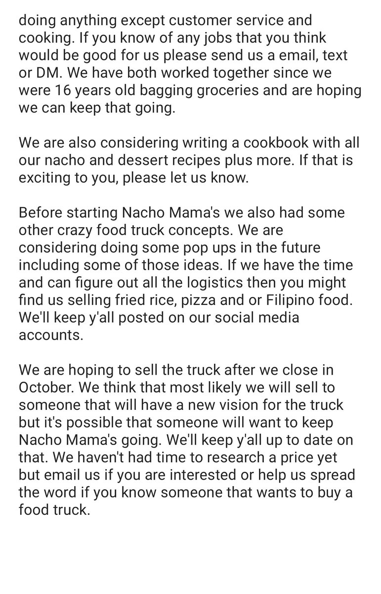 We have some news to share. Nacho Mama's will be closing at the end of October. Details attached. Schedule for this week:
Thur 9/2 <a href="/OptimismBrewing/">Optimism Brewing Co.</a> CapHill 5-9
Fri 9/3 <a href="/NoBoatBrewing/">No Boat Brewing Co.</a> Snoqualmie 4-8
Sun 9/5 <a href="/ridgecrestpub/">ridgecrestpub</a> Shoreline 5-8

Thank you all so much for all the support!!!