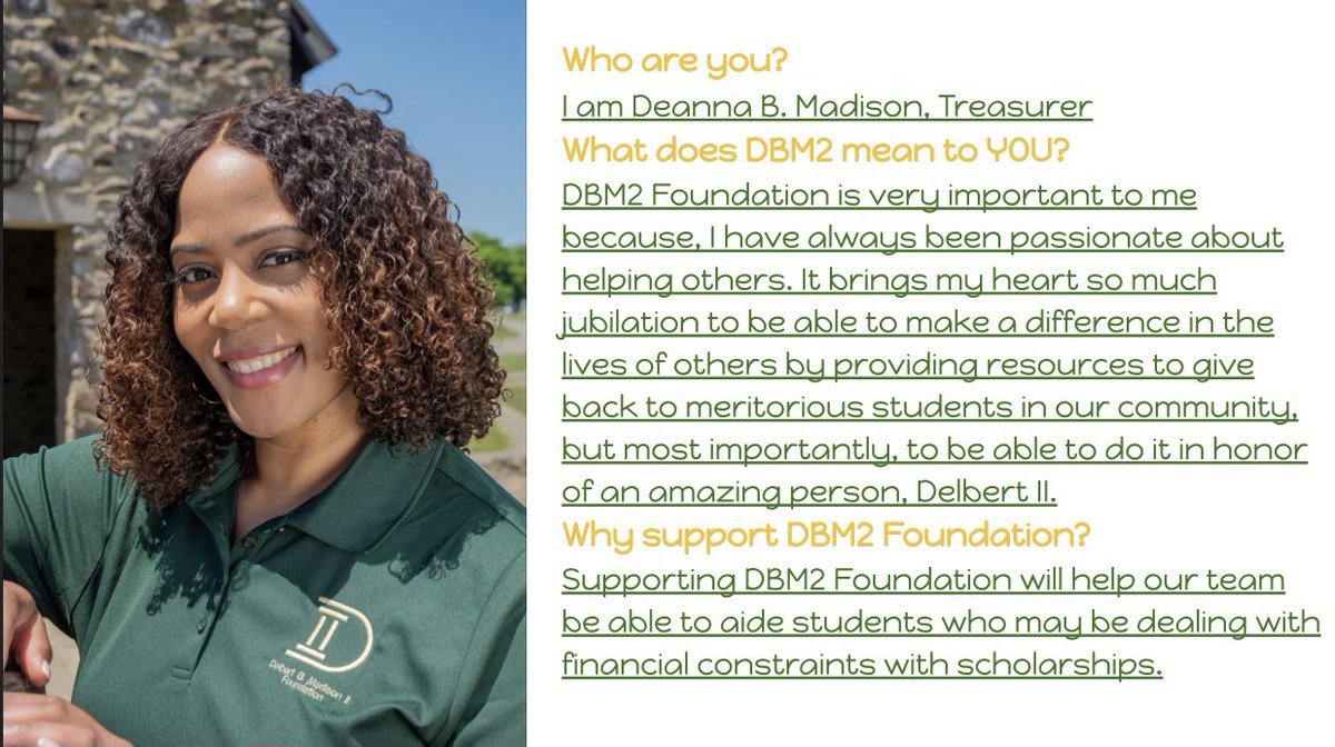 DBM2Foundation's tweet image. Meet our Treasurer, Mrs. Deanna Madison!