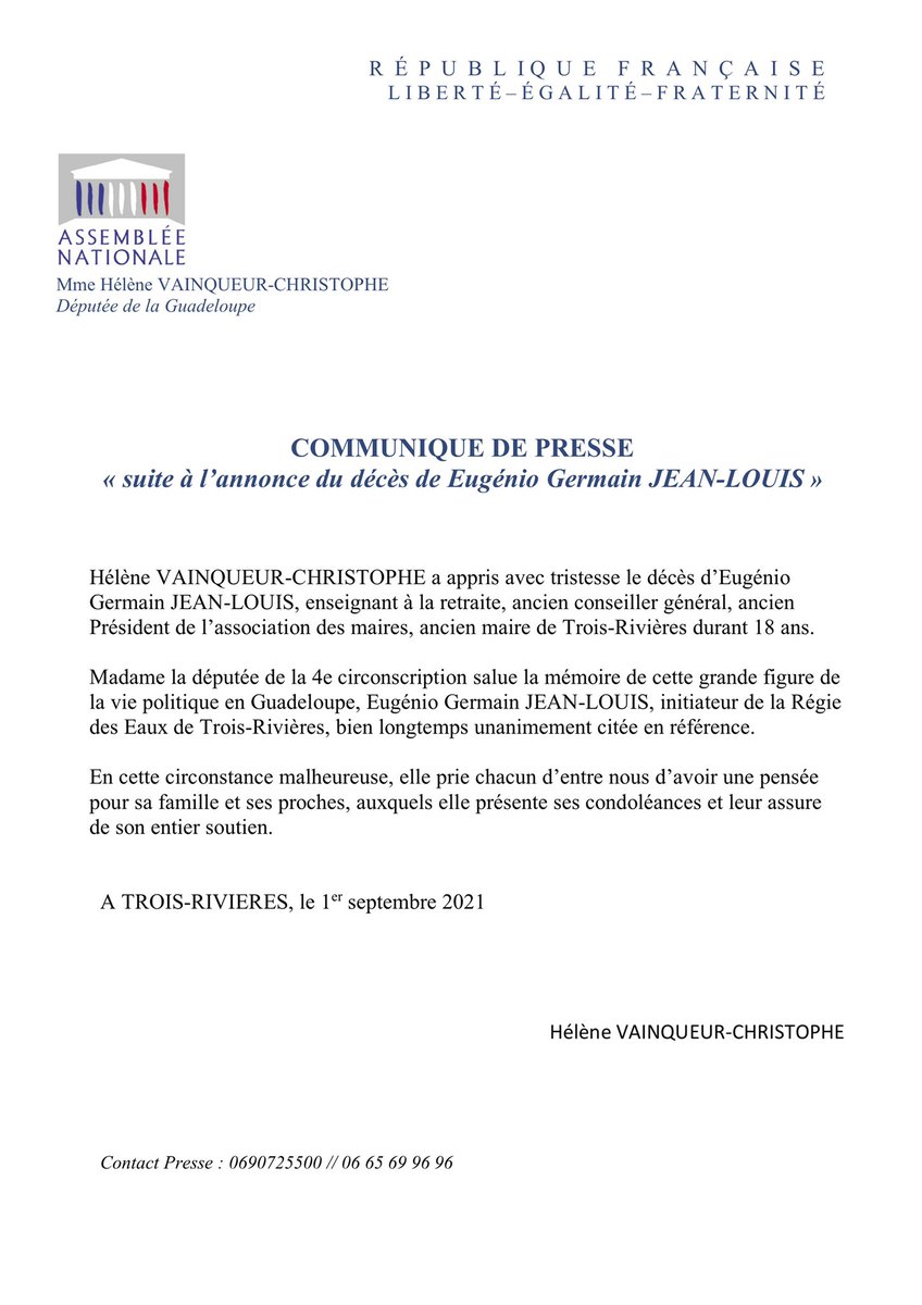 ◼️Nous avons appris le décès de Eugenio Germain JEAN-LOUIS, grande figure de la vie politique en Guadeloupe. Ci-après le communiqué diffusé en cette triste circonstance.
Toutes mes condoléances à sa familles ses proches.