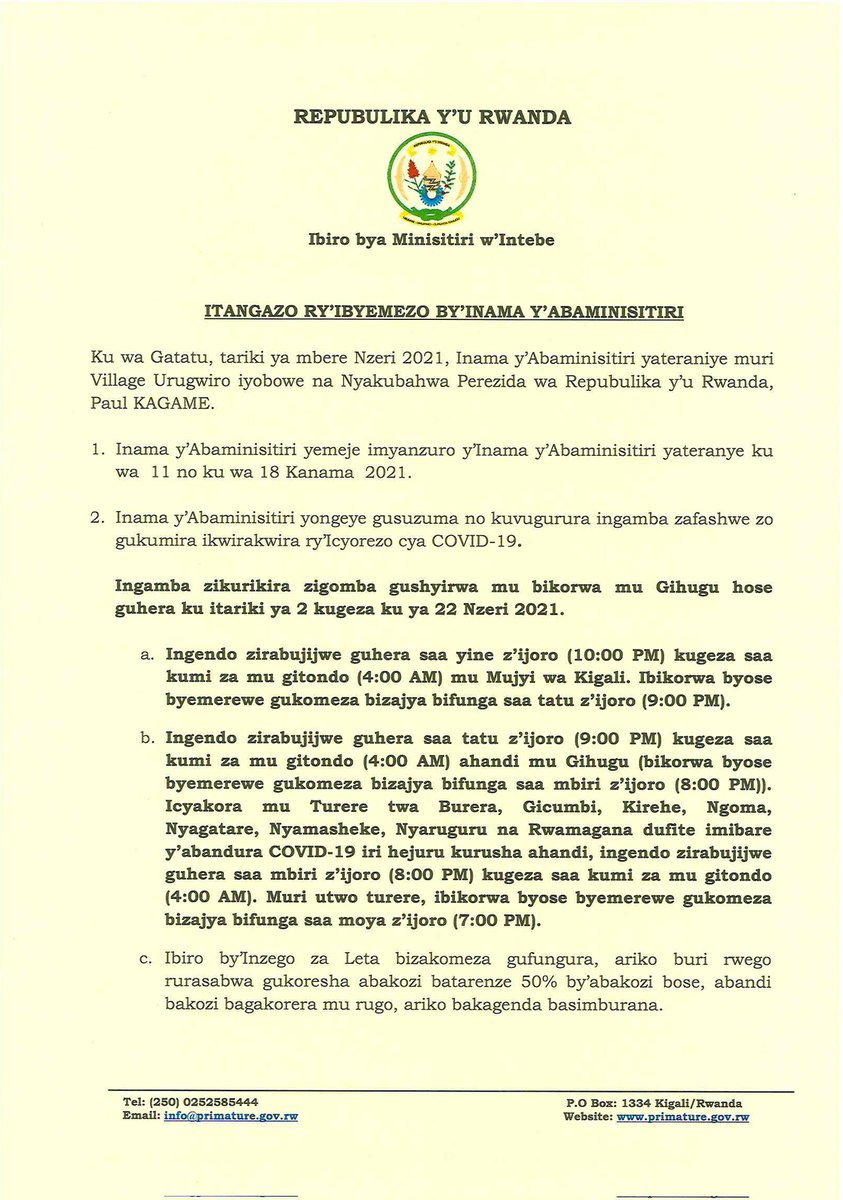 PrimatureRwanda's tweet photo. Itangazo ry'Ibyemezo by'Inama y'Abaminisitiri yo ku wa 1 Nzeri 2021 https://t.co/vqQ4PqV7JX