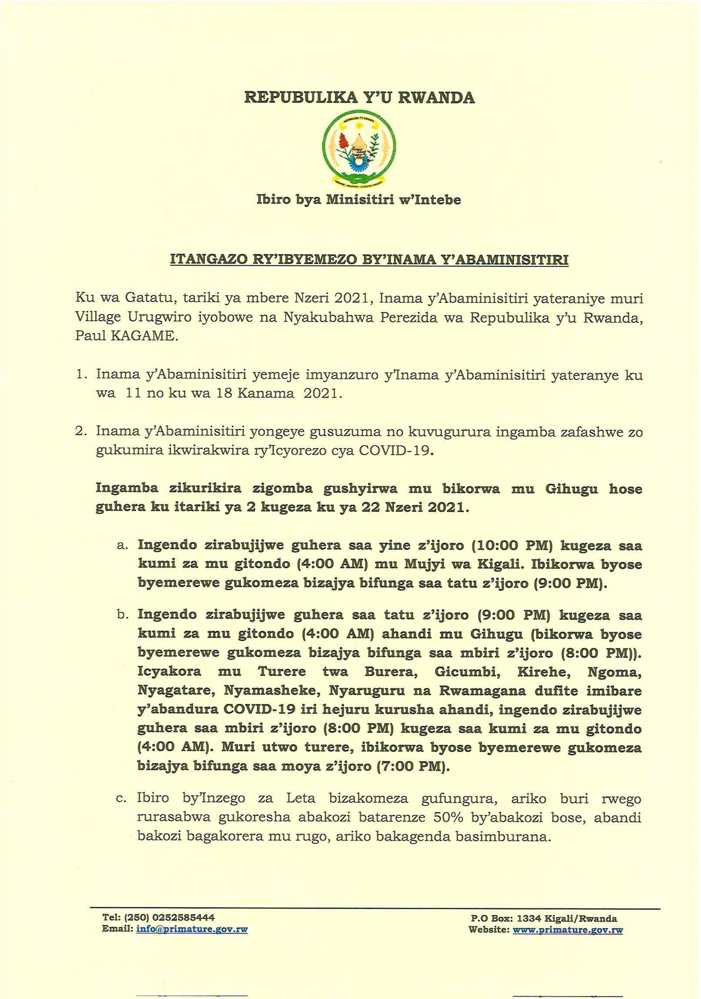 Office Of The Pm Rwanda Itangazo Ry Ibyemezo By Inama Y Abaminisitiri Yo Ku Wa 1 Nzeri 21