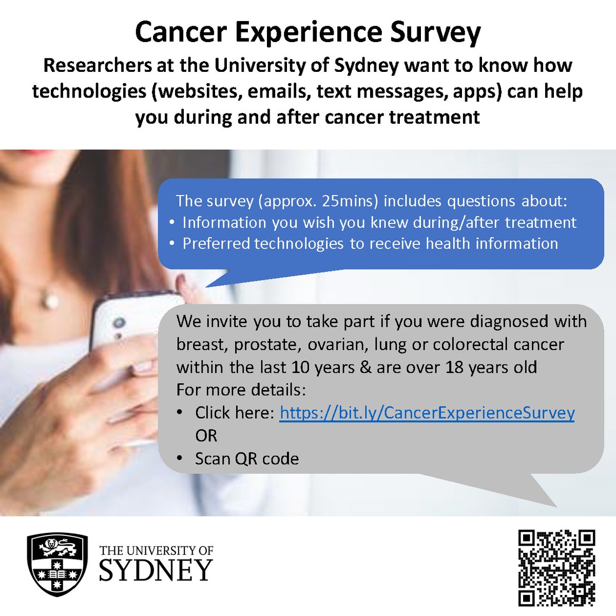 If you're Australian, diagnosed with breast, prostate, lung, colorectal, or ovarian cancer &amp; 18yrs+, your input is needed!♥️

I invite you to take part in a &lt;25-min survey about your cancer experience &amp; technologies that can make support more accessible: 
redcap.sydney.edu.au/surveys/?s=C3R…