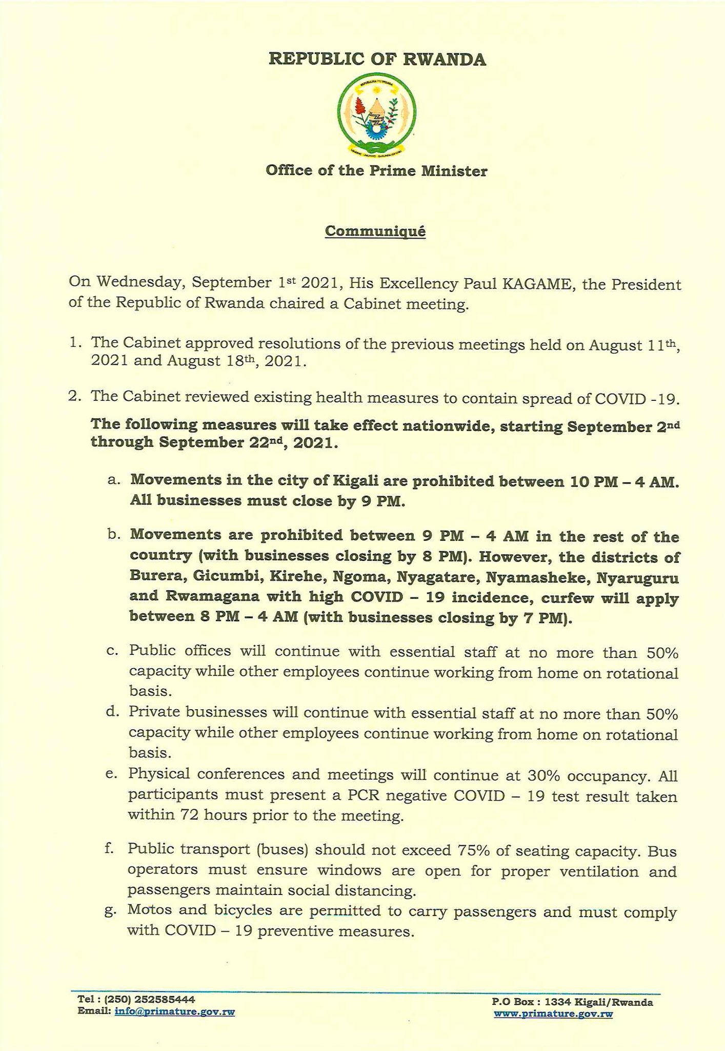 Office of the PM Rwanda on Twitter "Statement on Resolutions of 01/09/2021 https//t