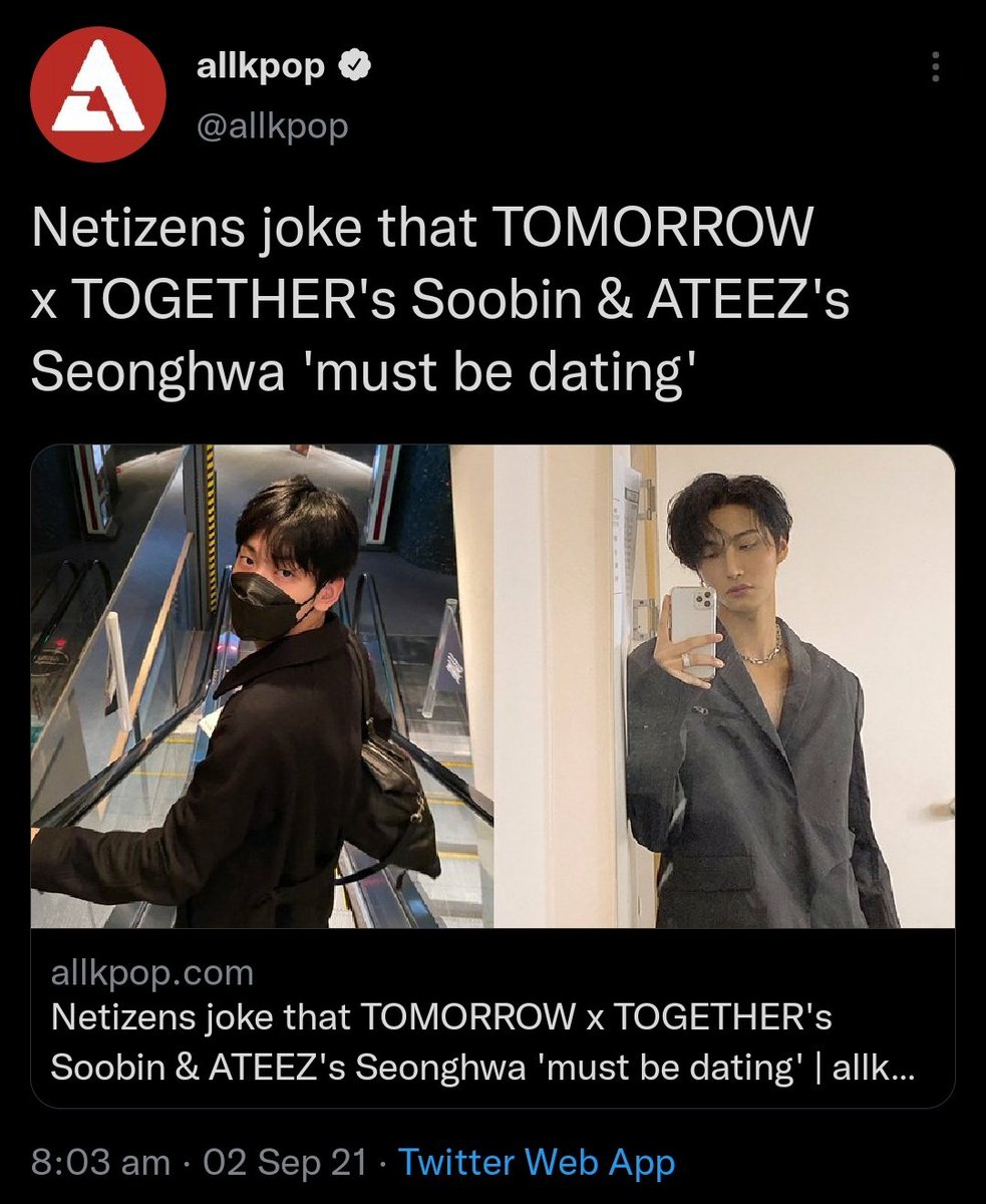 soyaluvsTXT's tweet photo. Soobin &amp; Seonghwa posted pictures with the same caption (Please take good care of me in September as well) on sep 1, so netizens left comments like they are dating &amp; allkpop decided to make a whole ass article about it! And this is the FIRST dating article of TXT &amp; ATEEZ. help😭 https://t.co/SaHjhYq3zN