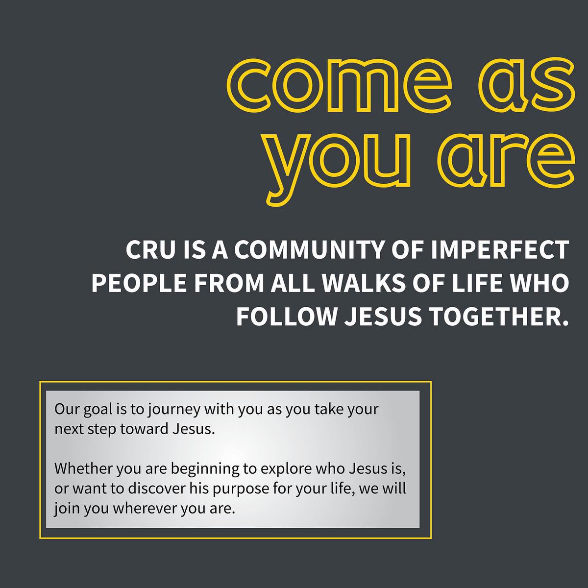 CruFishersHSE's tweet photo. What is Cru? For more updated info on the 2021-2022 school year check out our Instagram https://t.co/qDLyzVrubW https://t.co/y7WK5fmMx1