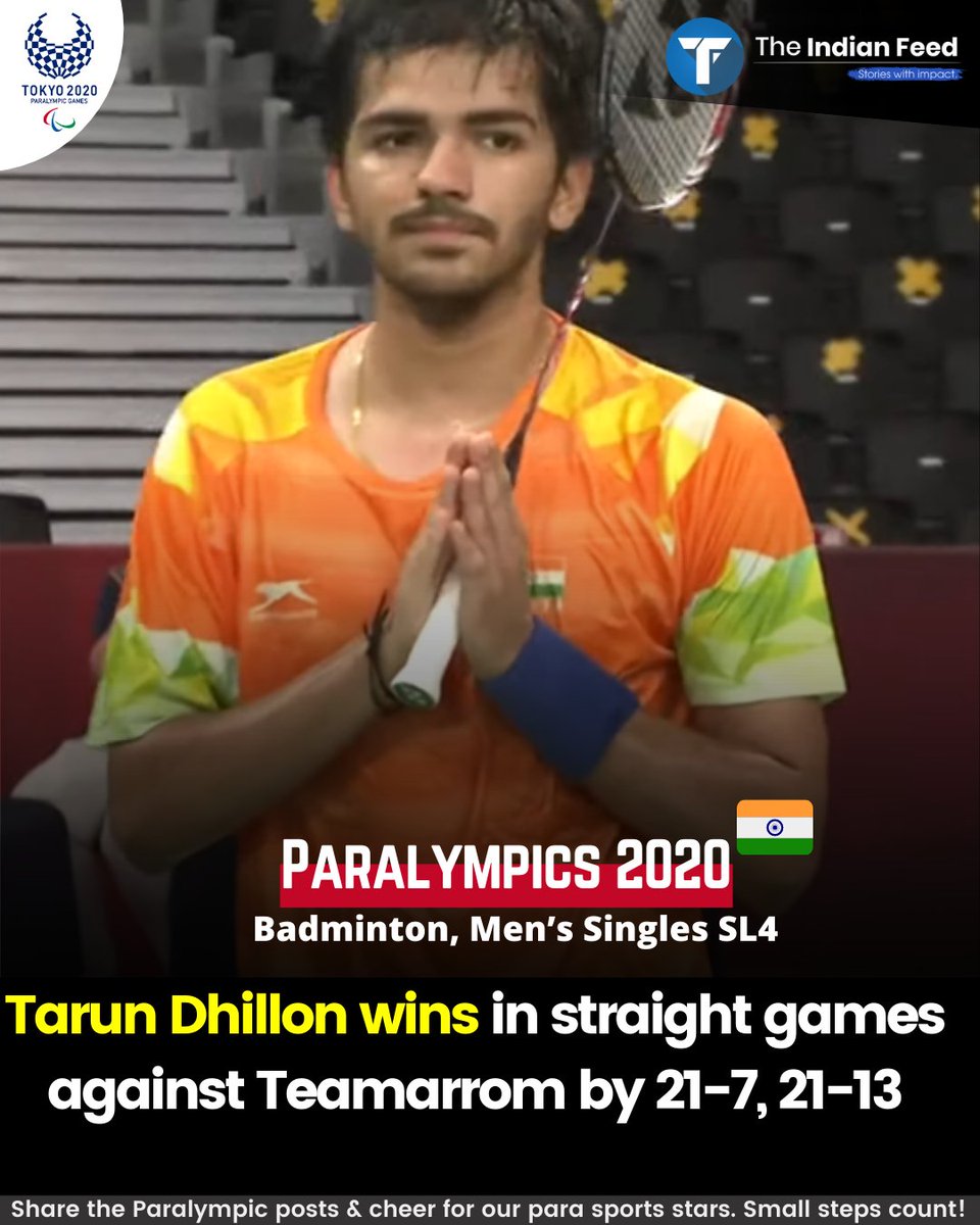 theindianfeed's tweet photo. #ParalympicsTokyo2020  | #Badminton, Men’s Singles SL4 | #TarunDhillon gets a comfortable win against Teamarrom, takes the game by 21-13,21-7. https://t.co/ZqdplMl9C5