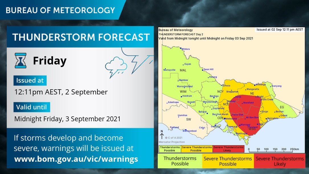 BOM_Vic's tweet photo. ⚡ Thunderstorm forecast for FRIDAY. Storms may produce damaging wind gusts & heavy rainfall leading to flash flooding over eastern #Victoria from mid-afternoon. Local warnings will be issued as storms develop, so keep an eye on https://t.co/nst6jNPmyo or your #BoMApp
#VicWeather https://t.co/U33mwO8WEm