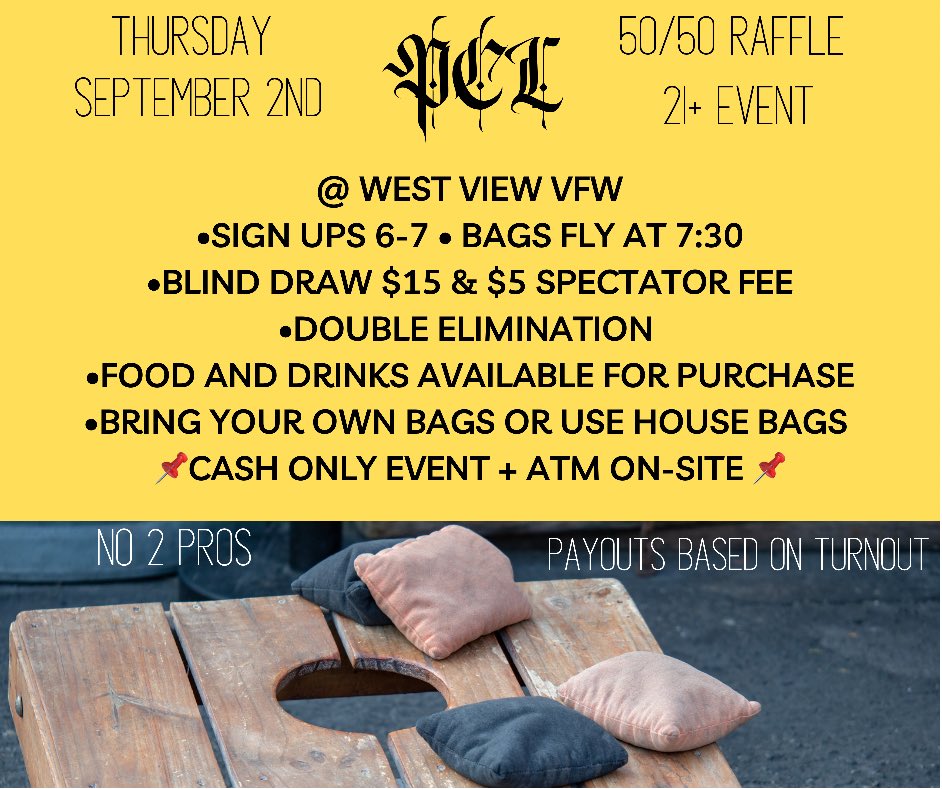 cornhole_league's tweet photo. Don’t forget tomarrow!!!! WESTVIEW VFW we are going to do Switholio so you 3 round robin games into a bracket!!!! Come@join us and throw some bags!!! https://t.co/LvvGlAjBNd