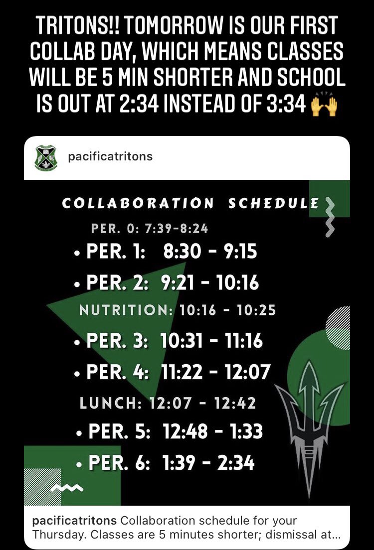Tomorrow is our first collab day! Check out the bell schedule: