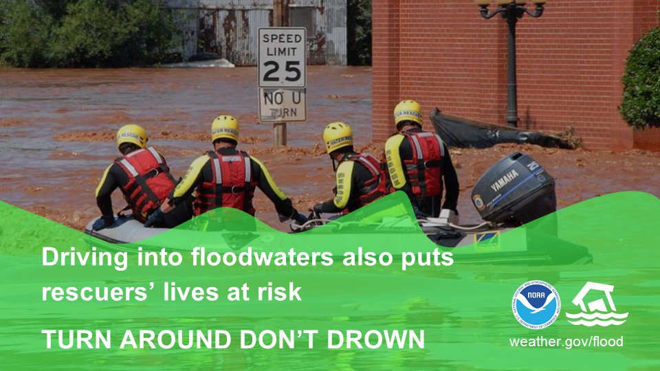 NWS's tweet photo. You are putting your rescuers’ lives at risk when you drive into floodwaters. #TurnAroundDontDrown https://t.co/xAuB1Ddvk4
