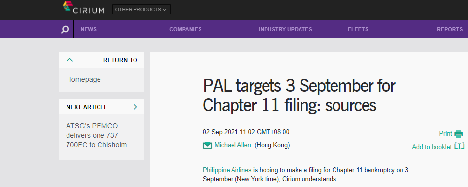 Michael_K_Allen's tweet photo. PHILIPPINE AIRLINES CHAPTER 11 UPDATE: @cirium understands that PAL "anticipates" filing for Chapter 11 bankruptcy protection on 3 September, New York time. More details on Dashboard. https://t.co/wnHBPPf9d8