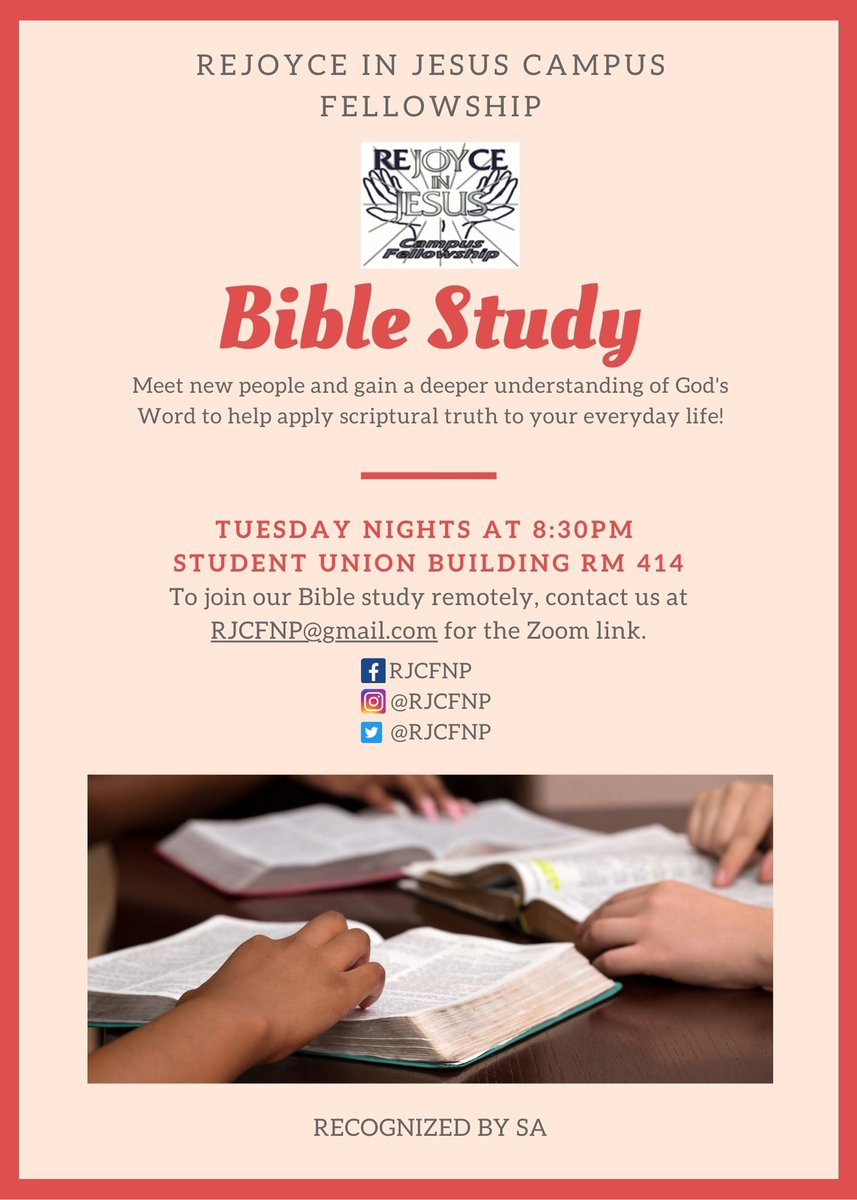 rjcfnp's tweet photo. Updated time and location for our #BibleStudy
#npsocial #npspiritual #ReJOYce #SUNYNP #SUNYNewPaltz https://t.co/wbf8AHpXCl