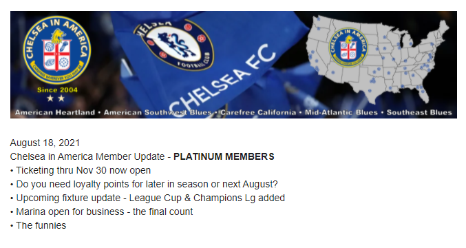CIA Members: Check your email folders.  You've got a member update including fixtures, funnies (&amp; for Platinum members ticketing to the cup ties).

<a href="/USAHeartlandCFC/">American Heartland CFC</a>  @BluesSouthwest  <a href="/CarefreeCA1905/">Carefree California ⭐⭐</a>  <a href="/MidAtlanticCFC/">Mid Atlantic Blues</a>  <a href="/southeastblues/">Southeast Blues ⭐⭐</a>