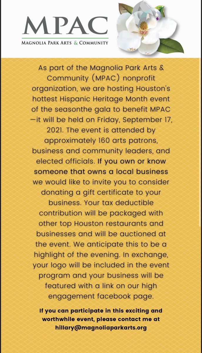 Any local business owners willing to donate a gift card for our Nonprofit <a href="/MagParkArts/">Magnolia Park Arts & Community</a> ? Your business will be featured on our event program/website/social media accounts. If interested please send me or <a href="/AmandaaaDavila/">AVD</a> a message! Thank you