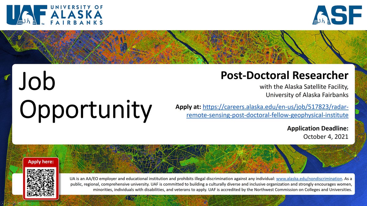 SARevangelist's tweet image. 🚨Postdoc Opportunity in the field of SAR🚨
We at @UAFGI &amp;amp; @Ak_Satellite are looking for a motivated individual with experience in #SAR &amp;amp; #InSAR. Come and join our team!
🔗Apply by Oct 4, 2021: careers.alaska.edu/en-us/job/5178…
#GoldenAgeOfSAR #FunWithFringes