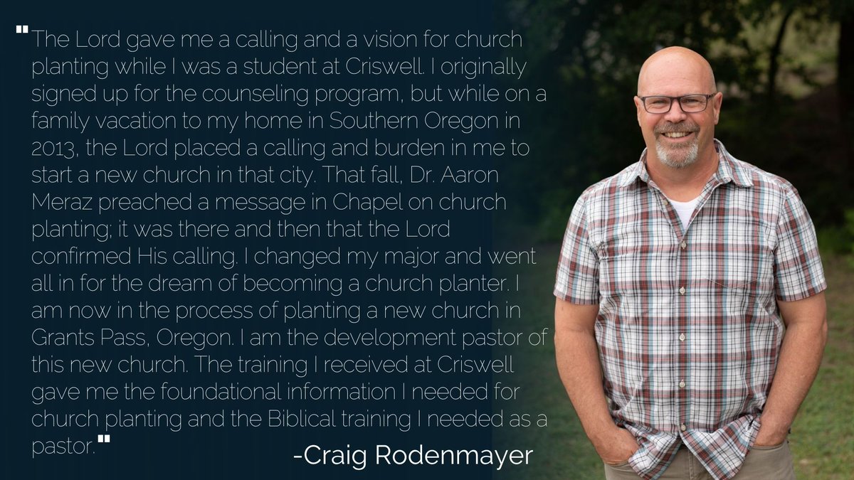 CriswellCollege's tweet photo. Meet Craig Rodenmayer (B.A. in Church Planting and Revitalization graduate '18), as he shares his testimony regarding the impact of Criswell on his life and career. #AlumniHighlights https://t.co/33tPj2Q167