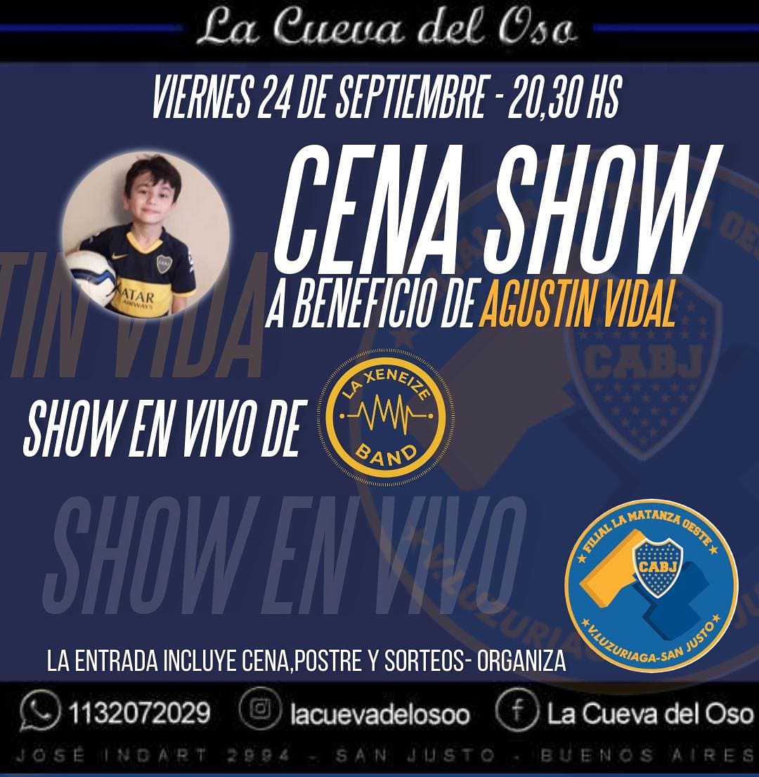 Bajo el lema <a href="/todosxagus/">todosxagus</a>, el próximo 24 de Septiembre a las 20:30 hs realizaremos una cena show con la presencia de la Xeneizeband @laxeneizeband a beneficio de Agustín Vidal, quien padece un tumor llamado Glioma difuso de alto grado.
El evento se realizará en La Cueva del Oso.