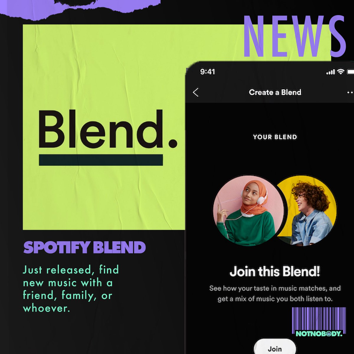 _notnobody's tweet photo. So @Spotify’s music discovery experience, 𝘉𝘭𝘦𝘯𝘥, is rolling out of beta to #Spotify Free and Premium users globally.⁣
⁣
As music curators, we love the idea of being able to join a join playlist that automatically shares music that you listen to together. https://t.co/U0luOcWftl