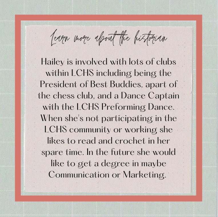 And to finish up introducing the #nhs officers is Hailey! A captain of the LCHS performing dance and the President of Best Buddies she is always busy with one LCHS activity or another!