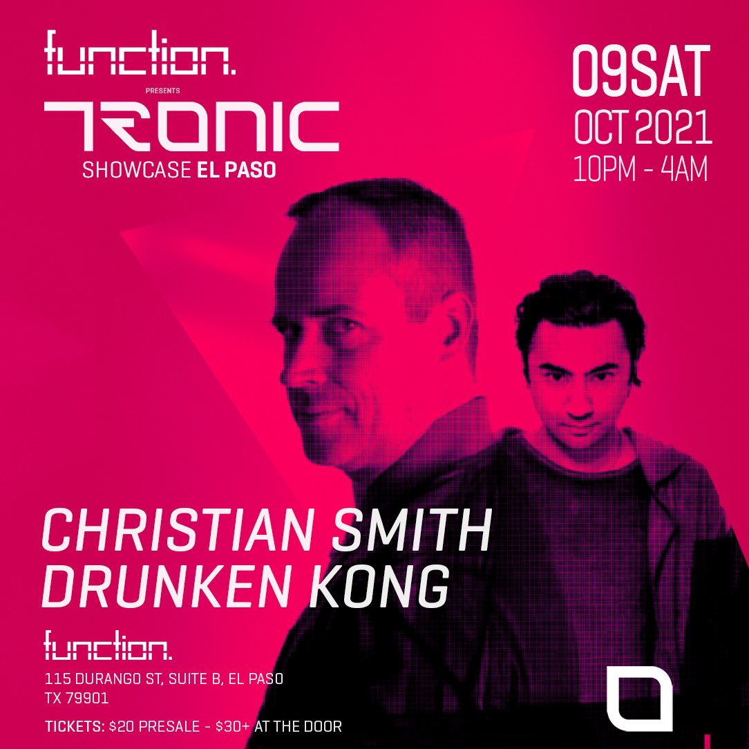 function_ep's tweet photo. Function. Presents:
@tronicrecords Showcase with @CSmithLIVE &amp; @drunken_kong !!

Saturday, October 9
10pm - 4am
Tickets on sale NOW!
Limited Advance Tickets available
https://t.co/ppNOu48vZm https://t.co/PQfyxH994z