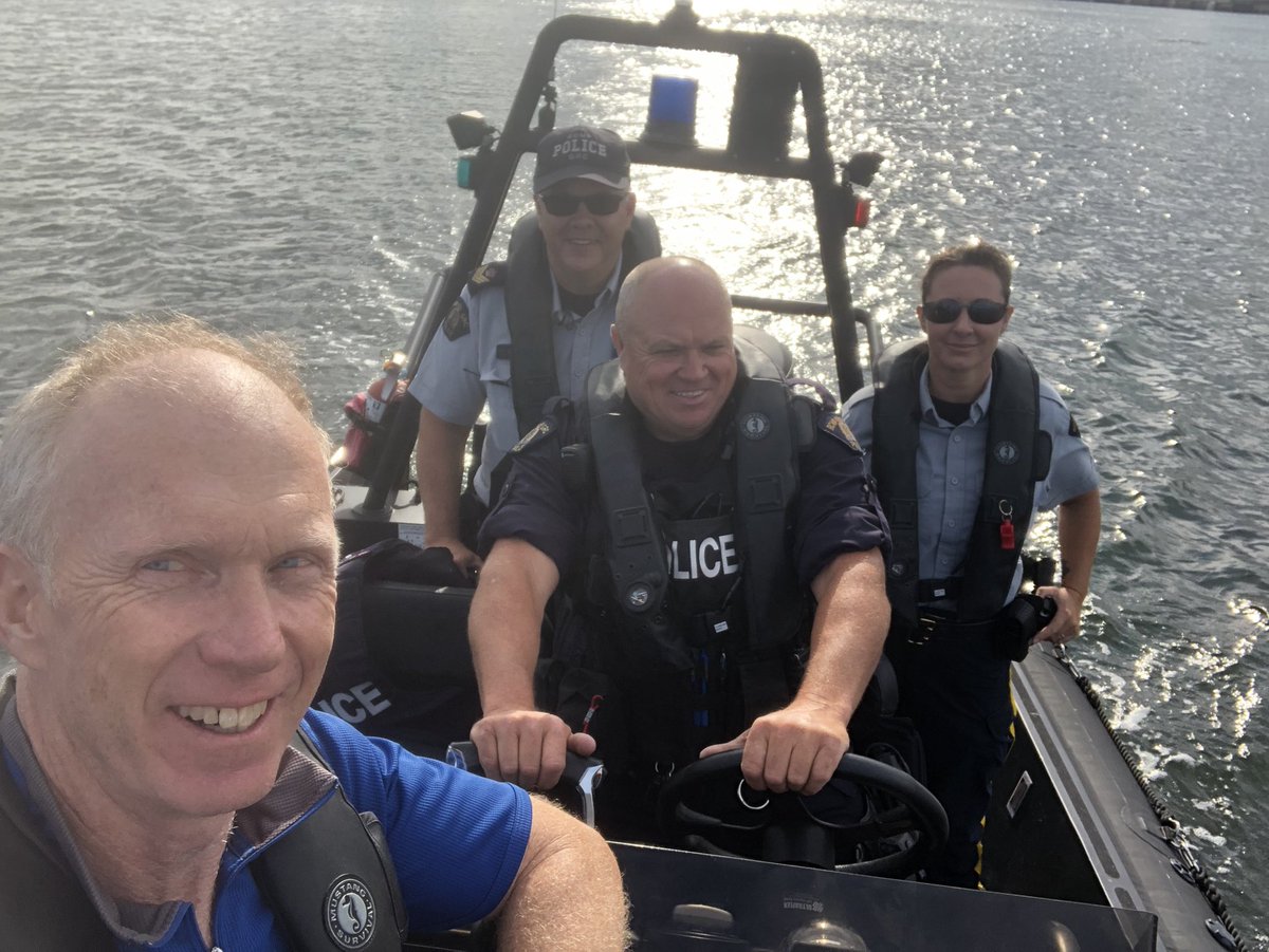 Being a reporter on #PEI is okay some days. Riding in the RCMP boat today with Sgt. Chris Gunn, Cst.Les Dill and Cst. Sonet Sato