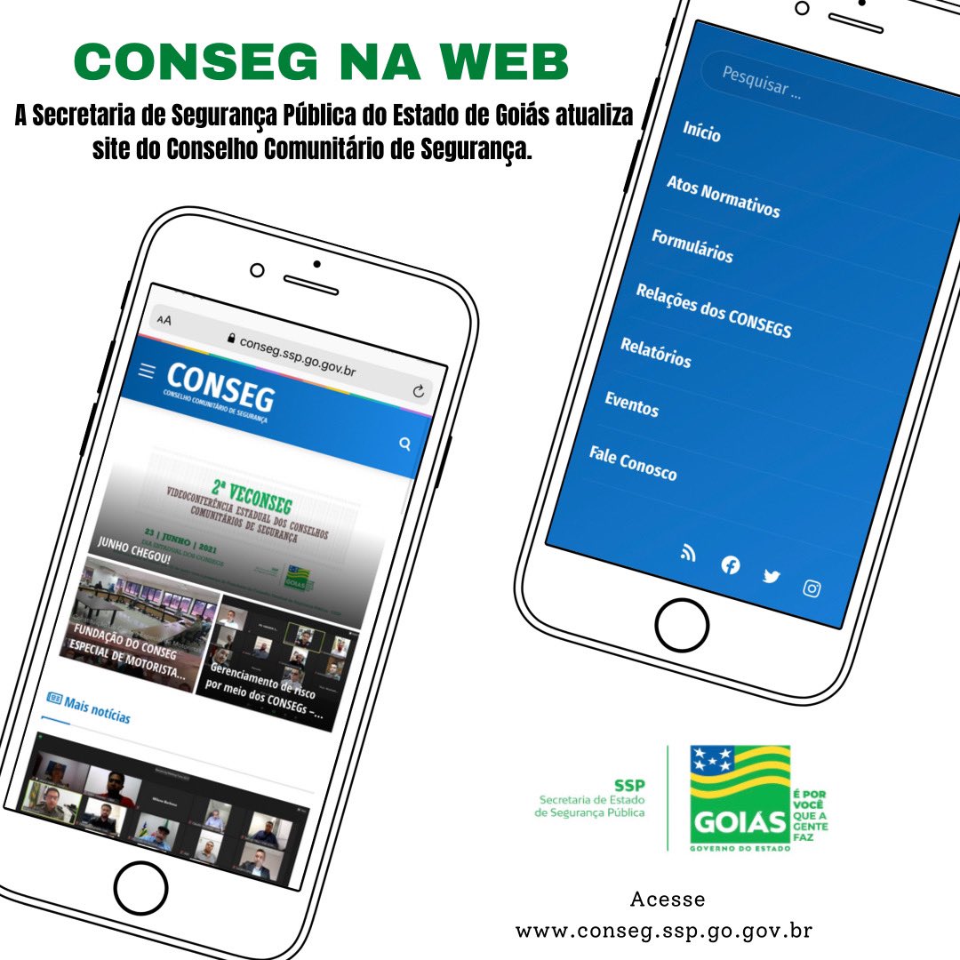 CONSEGGO's tweet photo. A SSP atualiza site integrado com projetos dos Conselhos Comunitário de Segurança - CONSEGs.
Saiba mais em: https://t.co/8XYeO9qI2d https://t.co/57nsil6u3N