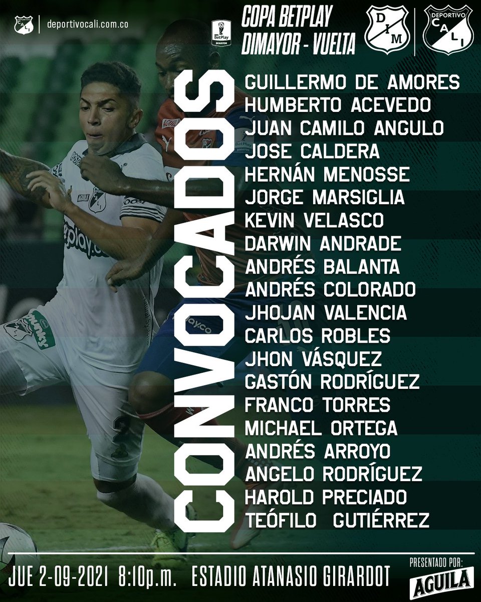 DeportivoCaliCP's tweet photo. 📋 Este es el grupo de convocados del Deportivo Cali, para encarar la vuelta por octavos de final de la #CopaDimayor. 🏆

Presentado por: @CervezaAguila.

#VamosCali 🇳🇬 https://t.co/mvRJmuux42