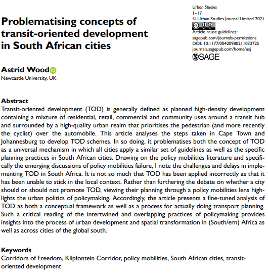 USJ_online's tweet photo. New paper by Astrid Wood: 'Problematising concepts of transit-oriented development in South African cities'.  #CorridorsOfFreedom https://t.co/MJ7eJVUXHa https://t.co/An28CvDHvY