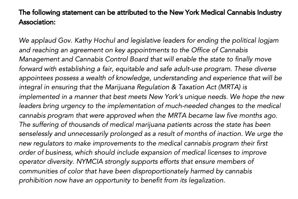 NYMCIA on the State Office of Cannabis Management appointments.