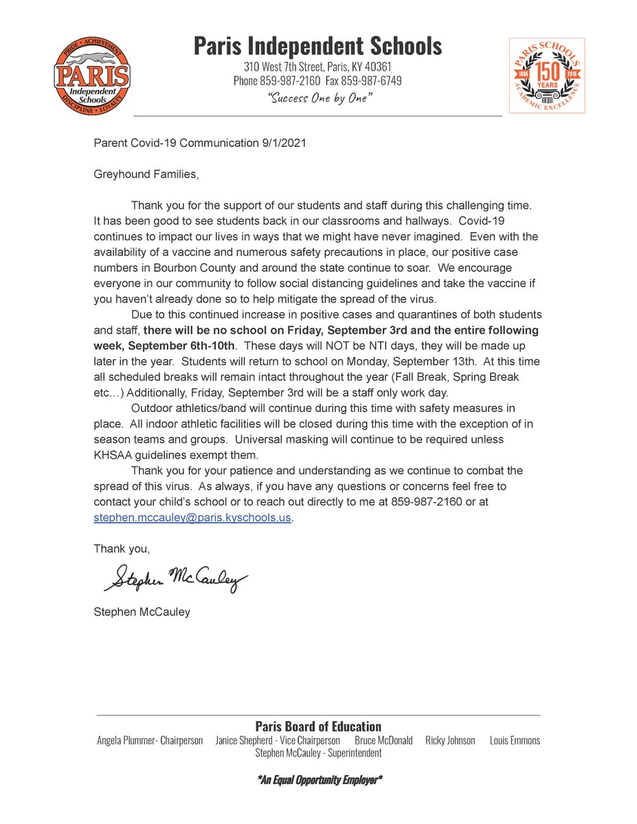 ParisSchoolsKY's tweet photo. Paris Families, please see this important message from Superintendent McCauley.
https://t.co/G1lN1o3kjB https://t.co/RkAUcwNHZQ