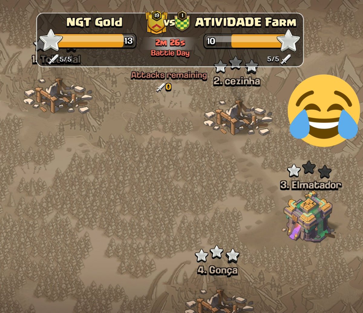 Tem sempre um que não gosta de brincar e faz questão de ripar o PW... Mas dessa vez foi diferente!!! 😂😂😂
Guerra válida pelo torneio Galãs do Clash!!

<a href="/NgtLegends/">NGT Legends</a> 
<a href="/Franzbeck77/">Franz</a> <a href="/pv_coc/">pv</a> <a href="/MaRcK1Star/">MaRcK</a> <a href="/CocAndrade/">Andrade</a> <a href="/XampsonC/">pacheco</a>